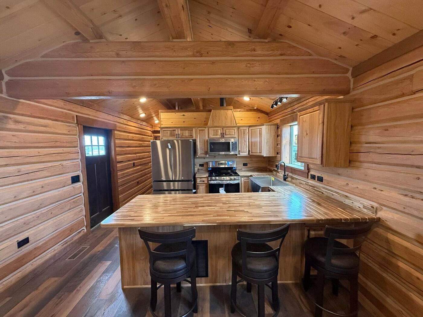 Cabin living area with wood stove