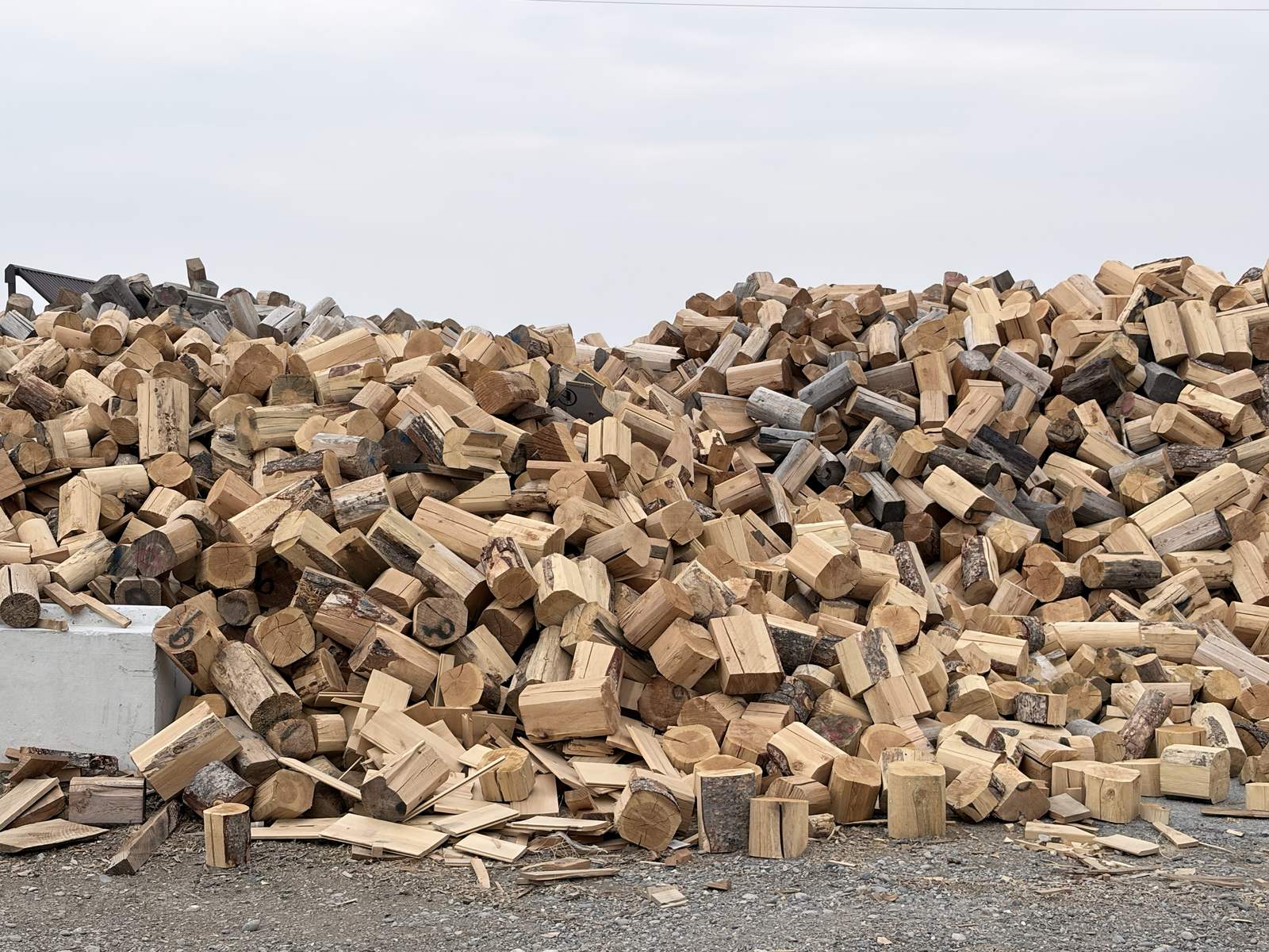 Long row of split firewood and rounds
