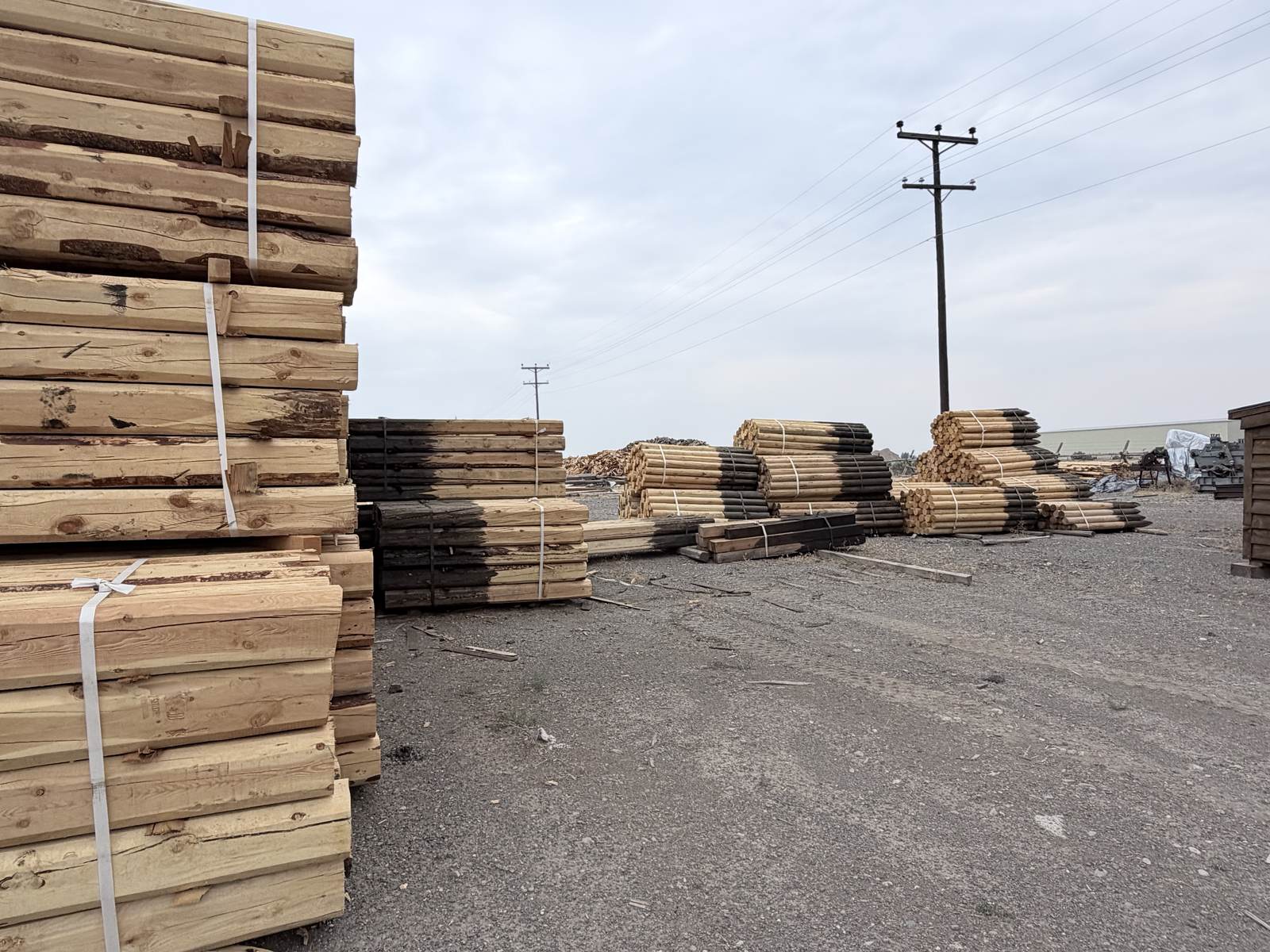 Rows of stacked poles and posts across the Shoshone yard