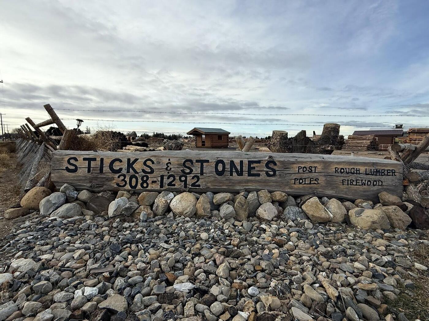 Sticks and Stones yard sign on Highway 75